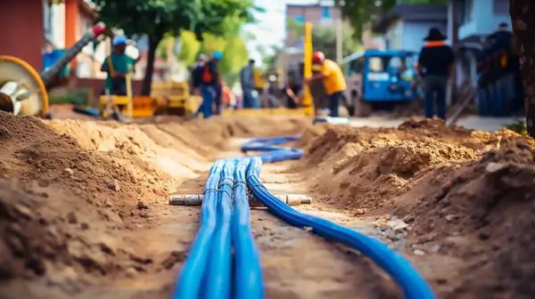 Blue fiber optic conduit laid in an open trench along a street, with a work crew and equipment in the background.