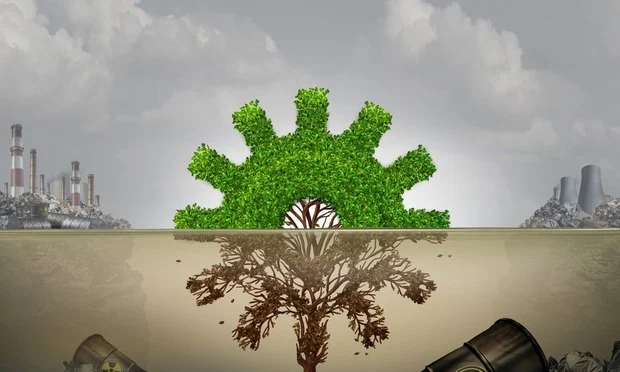 A conceptual illustration of underground contamination — buried drums and dead roots beneath a green, healthy-looking surface — representing the environmental exposure of underground work.
